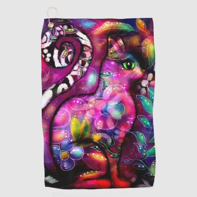 Whimsisisches Abstrakt Kitty Cat Floral Rot Rosa Golfhandtuch (Vorderseite)