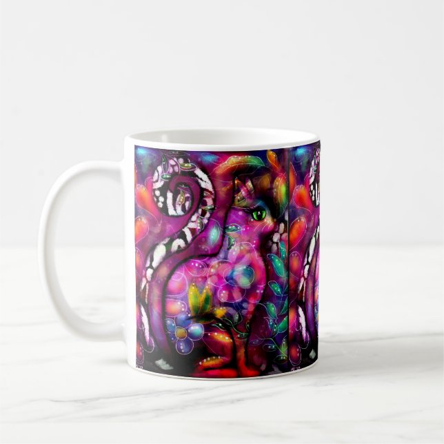 Whimsisisches Abstrakt Kitty Cat Floral Rot Rosa Kaffeetasse (Links)