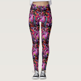 Whimsisisches Abstrakt Kitty Cat Floral Rot Rosa Leggings