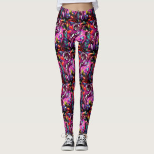 Whimsisisches Abstrakt Kitty Cat Floral Rot Rosa Leggings