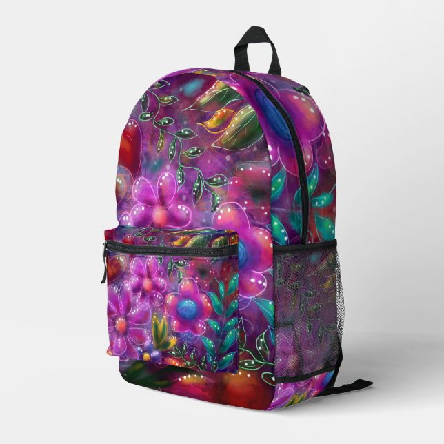 Whimsisisches Abstraktes Rosa Rosa Lila Aquamarin Bedruckter Rucksack (Rückseitige Ecke Rechts)