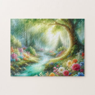 Whimsisisches Floral Forest River Fantasy Art Prin Puzzle