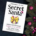 Whimsisisches Geheimnis Santa Colorful Geschenk Wa Einladung<br><div class="desc">Diese niedliche Secret Santa Einladung mit einem Aquarellgeschenk mit gelben und magentafarbenen Streifen, mit einem großen gelben Bogen, Set vor einem weißen Hintergrund. Ein spielerisches, minimalistisches Drehbuch mit einer magentinischen Weihnachtsmannmütze fügt eine festliche Touch hinzu. Der Text ist vollständig anpassbar, und die Rückseite der Einladung ist eine reiche bordeauxfarbene. Es...</div>