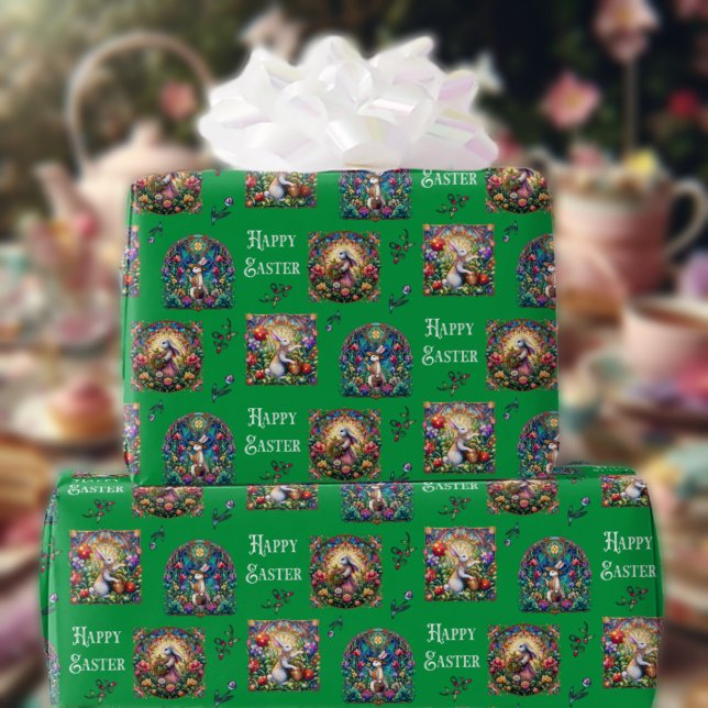 Whimsisisches grünes gestanztes Glas Ostersonniges Geschenkpapier (Von Creator hochgeladen)