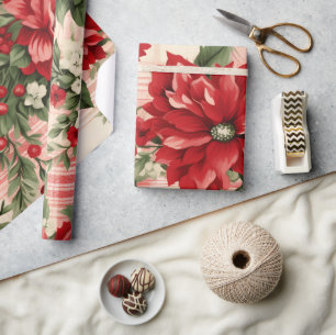Whimsistisch Moderne Rot & Grün Weihnachtsblumen Geschenkpapier