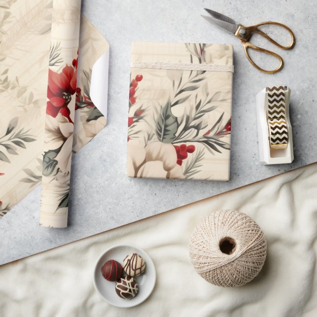 Whimsistisch Moderne Rot & Grün Weihnachtsblumen Geschenkpapier (Kunsthandwerk)