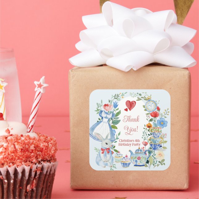 Whimsistische Alice im Wunderland Danke Quadratischer Aufkleber (Party)