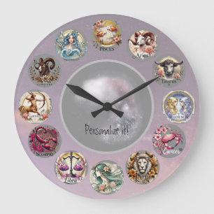 Whimsistische Blume Zodiac-Zeichen Große Wanduhr