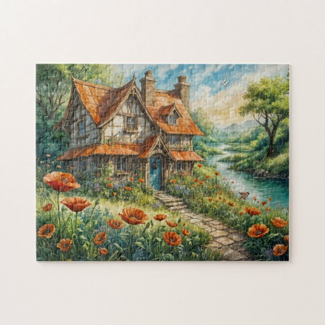 Whimsistische Hütte mit Mohn-Blume Puzzle (Horizontal)