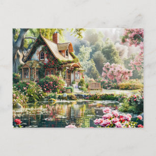 Whimsistische Hütte mit Rhododendren und Teich Postkarte