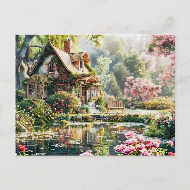 Whimsistische Hütte mit Rhododendren und Teich Postkarte (Vorderseite)