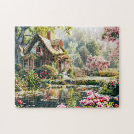 Whimsistische Hütte mit Rhododendren und Teich Puzzle