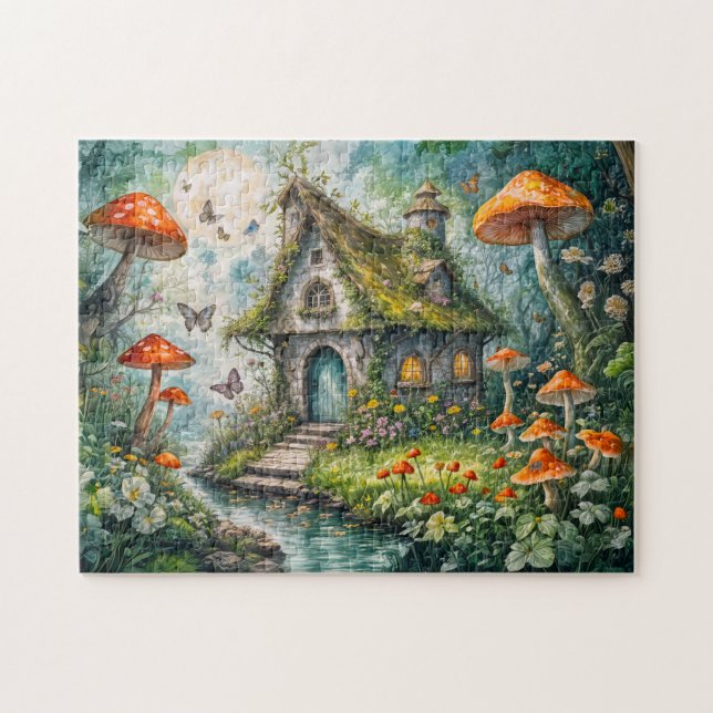 Whimsistische Hütte von Stream mit Riesenrot-Mushr Puzzle (Horizontal)
