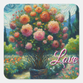 Whimsistische Rose Topiary Impressionistisches Gem Quadratischer Aufkleber