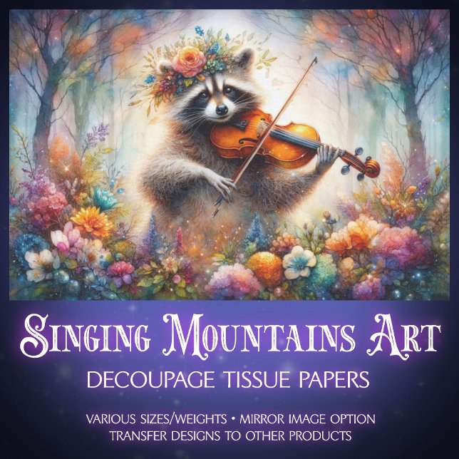 Whimsistische Violinist Raccoon Wildblumen Dekoupa Seidenpapier (Von Creator hochgeladen)