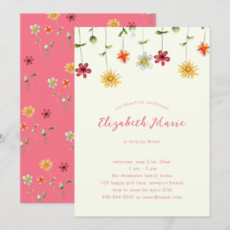 Whimsistische Wildblume Hot Pink Girl Geburtstag Einladung