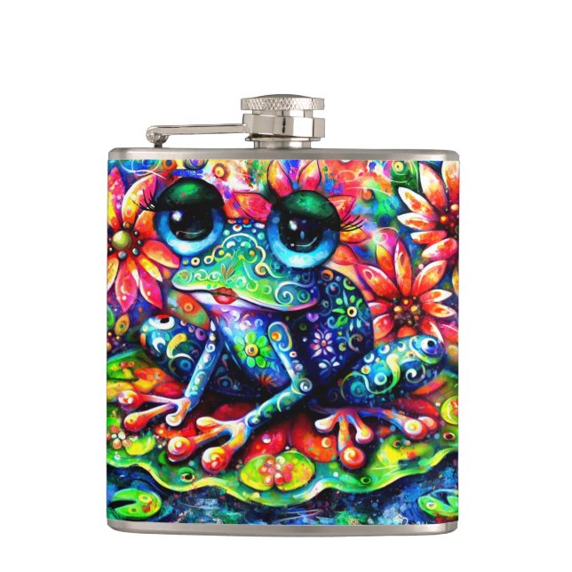 Whimsistischer Impressionist Floral Frog Green Blu Flachmann (Vorderseite)