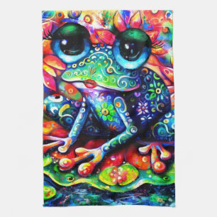 Whimsistischer Impressionist Floral Frog Green Blu Geschirrtuch