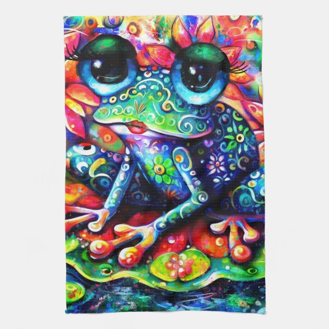 Whimsistischer Impressionist Floral Frog Green Blu Geschirrtuch (Vertikal)
