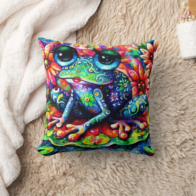 Whimsistischer Impressionist Floral Frog Green Blu Kissen (Decke)