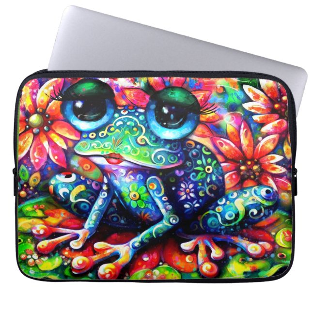 Whimsistischer Impressionist Floral Frog Green Blu Laptopschutzhülle (Vorderseite)