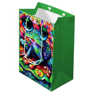 Whimsistischer Impressionist Floral Frog Green Blu Mittlere Geschenktüte