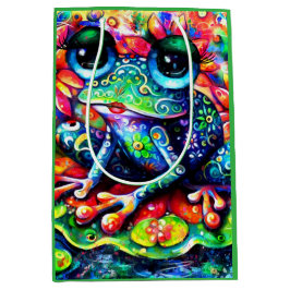 Whimsistischer Impressionist Floral Frog Green Blu Mittlere Geschenktüte