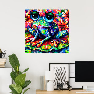 Whimsistischer Impressionist Floral Frog Green Blu Poster