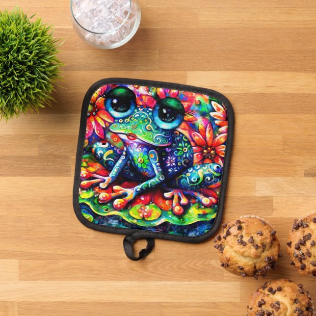 Whimsistischer Impressionist Floral Frog Green Blu Topflappen (Oben Unten)