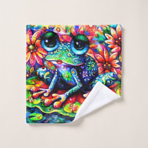 Whimsistischer Impressionist Floral Frog Green Blu Waschlappen