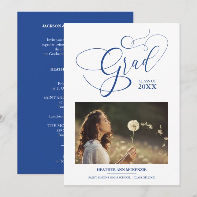 Whimsistischer Script Chic Navy Moderner Foto Absc Einladung (Vorne/Hinten)