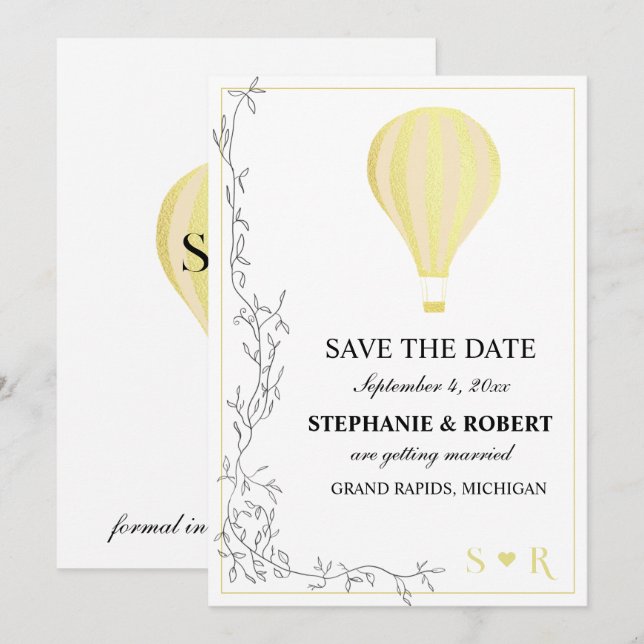 Whimsitic Rustic Golden Hot Air Ballon Save The Date (Vorne/Hinten)