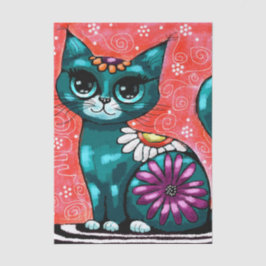 Whimsity Cat auf Rug Floral Aquamarin Decoupage Seidenpapier