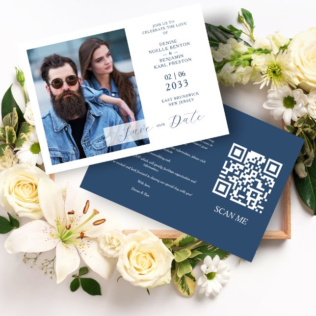Whimsy Bliss Blue Jeans Inspired Photo QR Save The Date (Whimsy Bliss Blue Jeans Inspired Photo QR Save the Date Wedding Card.)