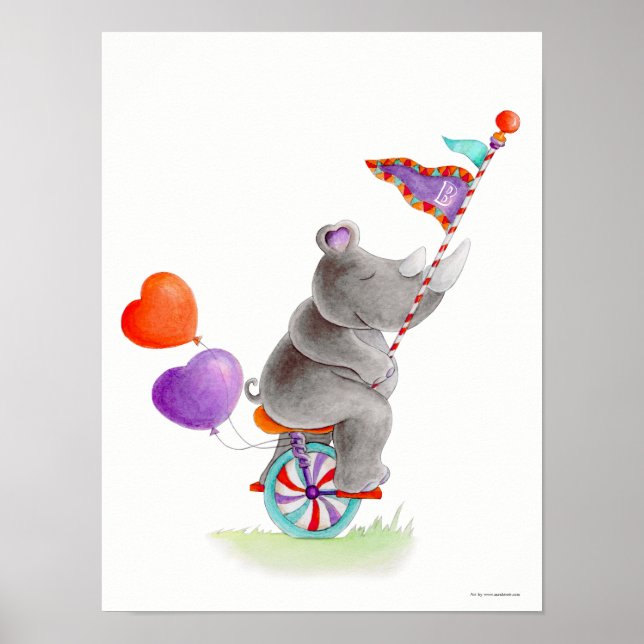 Whimsy Circus grauer Nashorn auf einem Einrad-Kind Poster (Vorne)
