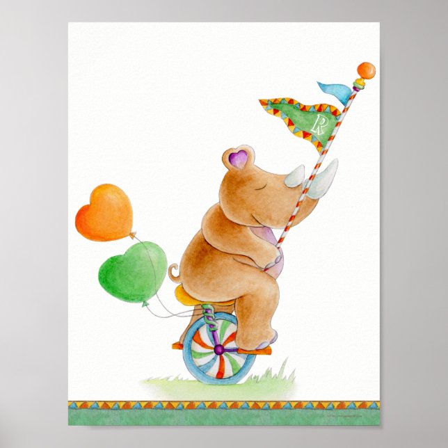 Whimsy circus rhino braunes grünes Kinderzimmer Po Poster (Vorne)