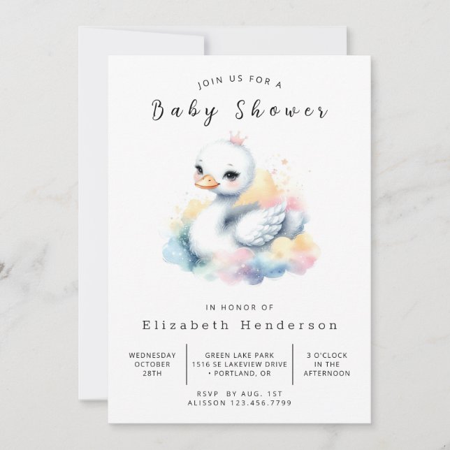 Whimsy Digital Swan Baby Dusche Einladung (Vorderseite)