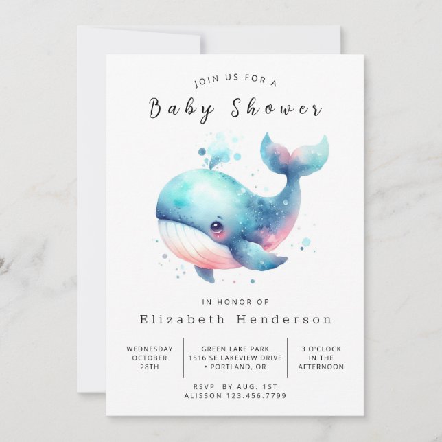 Whimsy Digital Whale Baby Dusche Einladung (Vorderseite)