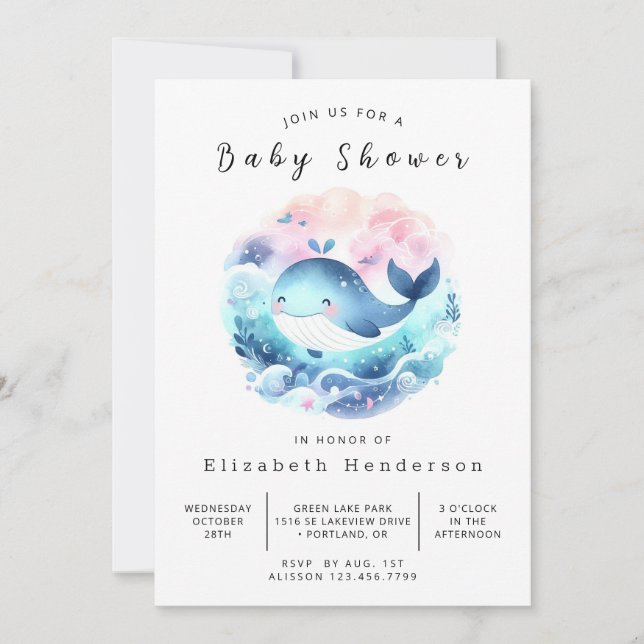 Whimsy Digital Whale Baby Dusche Einladung (Vorderseite)