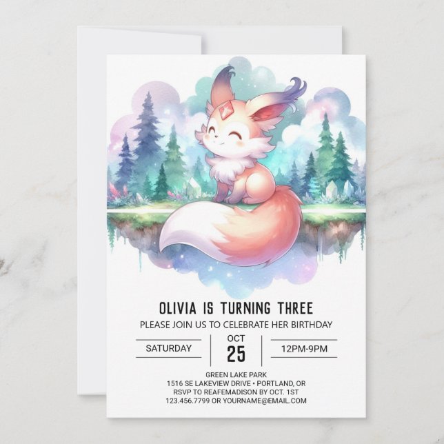 Whimsy Dreamy Fox Geburtstag digital Einladung (Vorderseite)