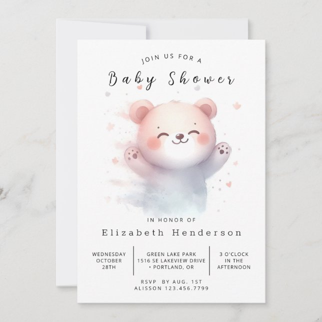 Whimsy Editable Bear Baby Dusche Einladung (Vorderseite)