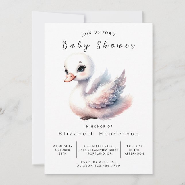 Whimsy Editable Swan Baby Dusche Einladung (Vorderseite)
