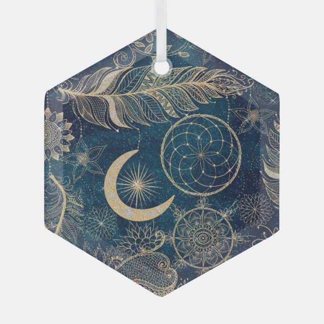 Whimsy Gold Glitzer Dreamcatcher Feathers Mandala Ornament Aus Glas (Vorderseite)