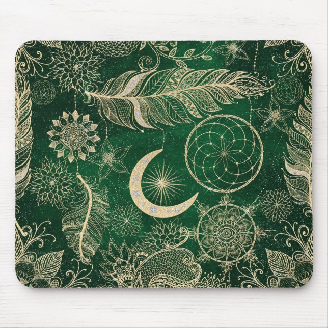 Whimsy Gold & Green Dreamcatcher Feathers Mandala Mousepad (Vorne)