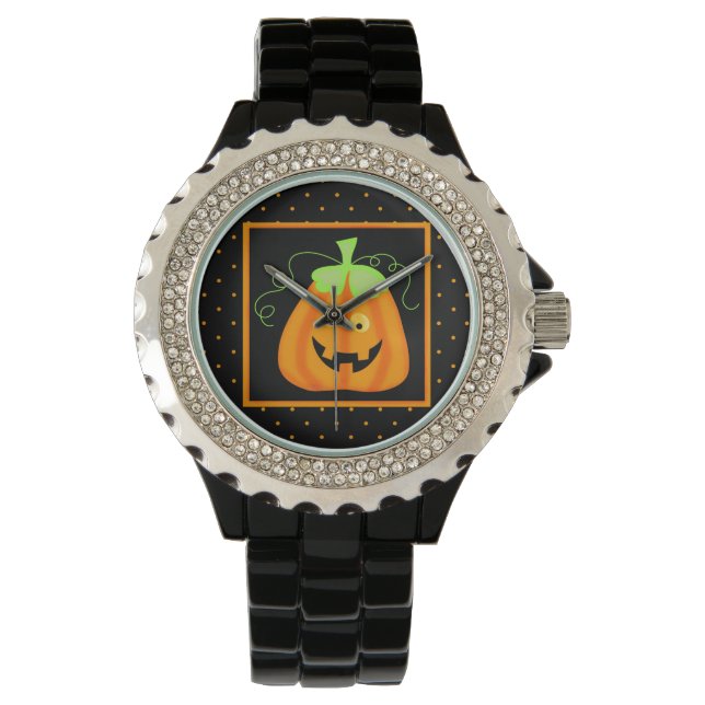 Whimsy Halloween Pumpkin auf schwarz Armbanduhr (Vorderseite)