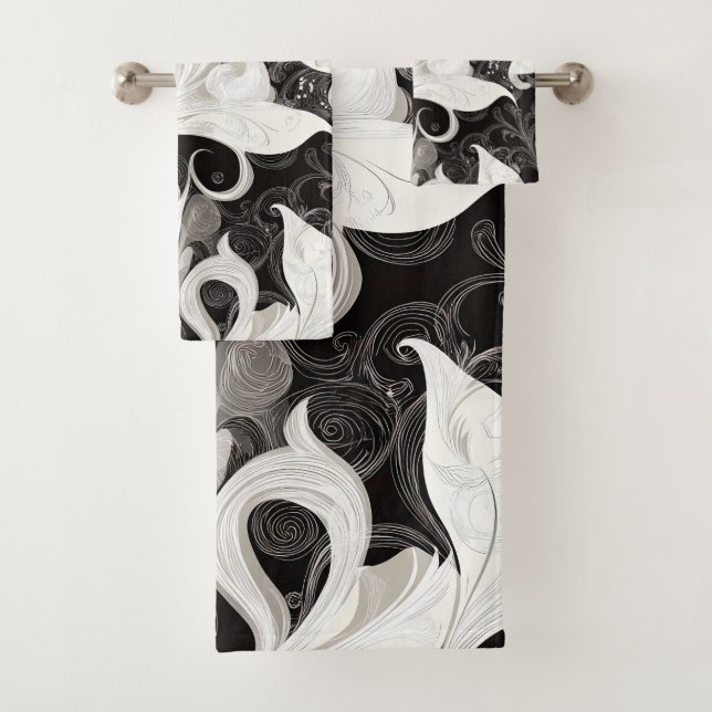 Whimsy in Black and Cream Barock Wirbel Badhandtuch Set (Insitu)