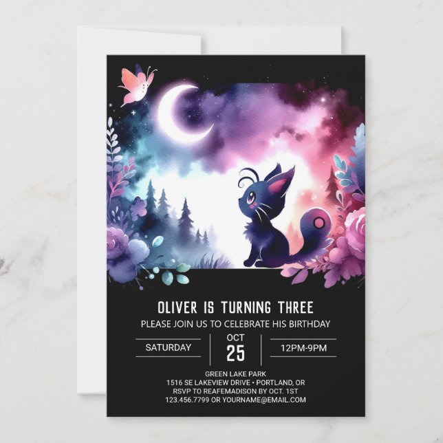 Whimsy Little Cat Birthday Einladung (Vorderseite)