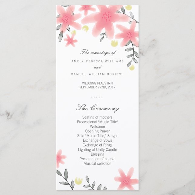 Whimsy Pink Floral Wedding Program Rack Cards Programm (Vorderseite)