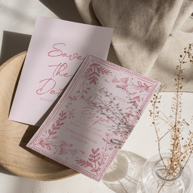 Whimsy Pink Hand Drawn Floral Garden Save The Date (Von Creator hochgeladen)