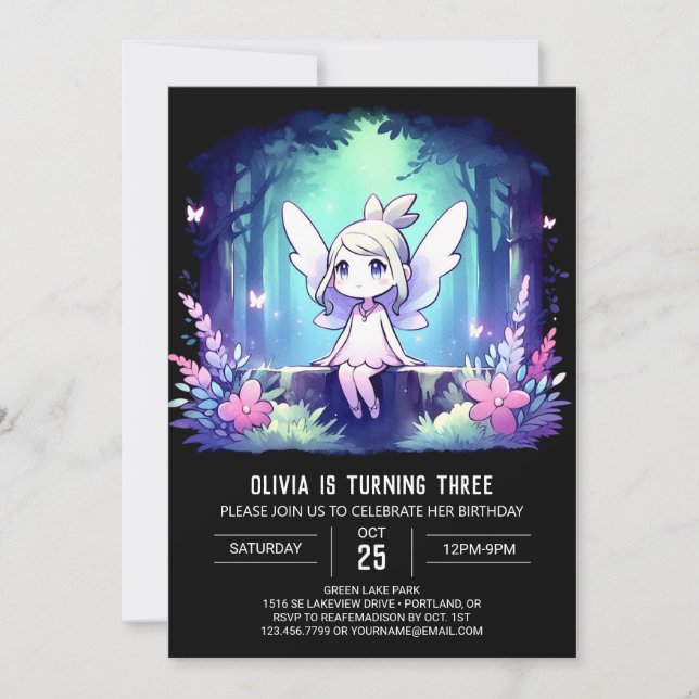 Whimsy Printable Fairy Birthday Einladung (Vorderseite)
